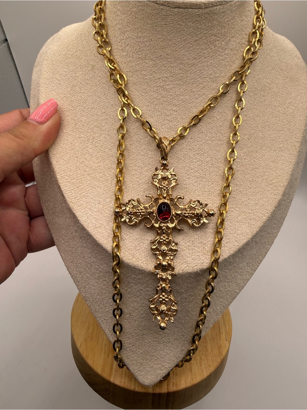 Vintage Avon Ornate Cross Pendant Necklace 32” | Gold Tone | Red Cabochon